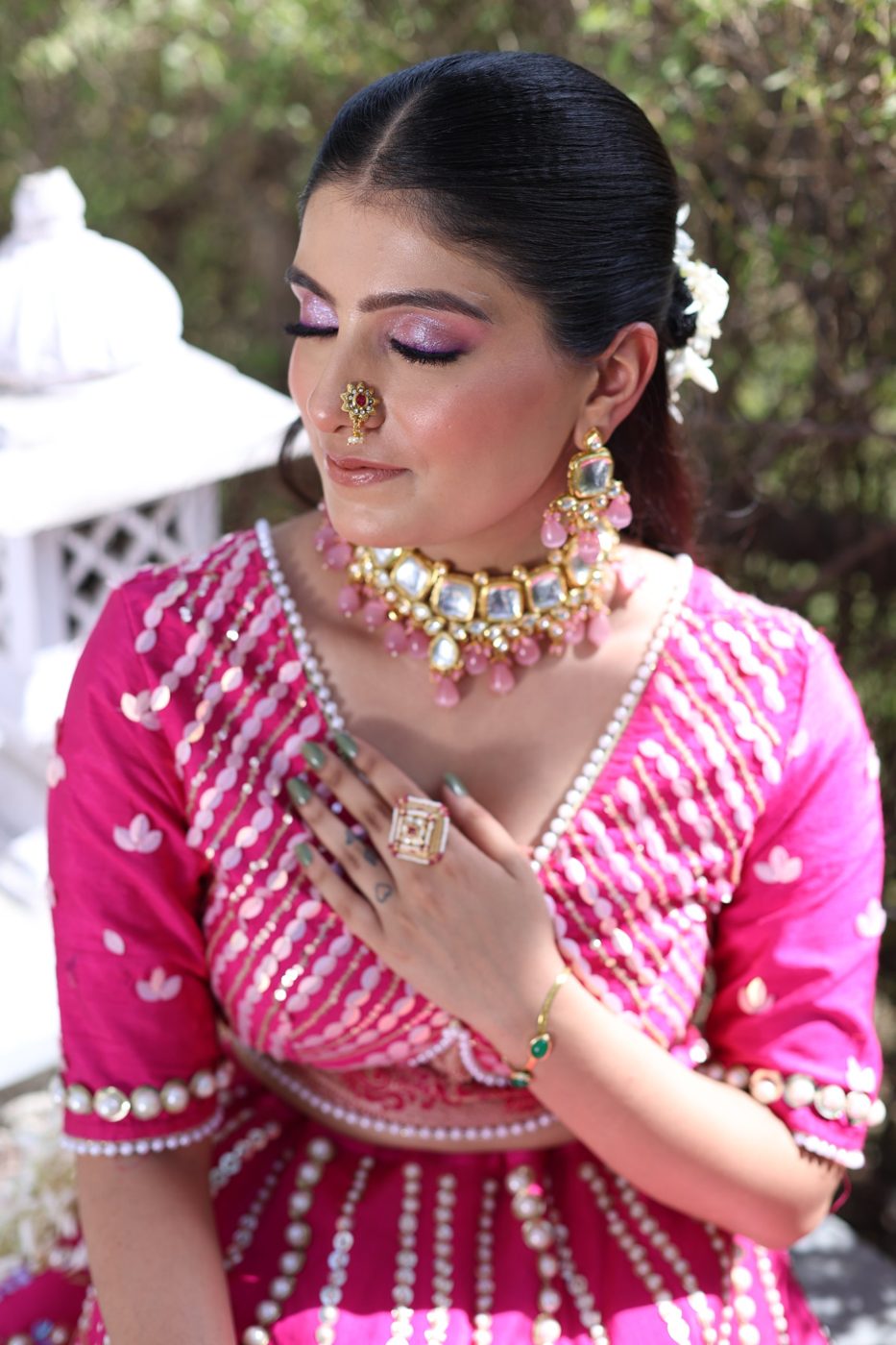 Pink lehenga with lilac shimmer eyes